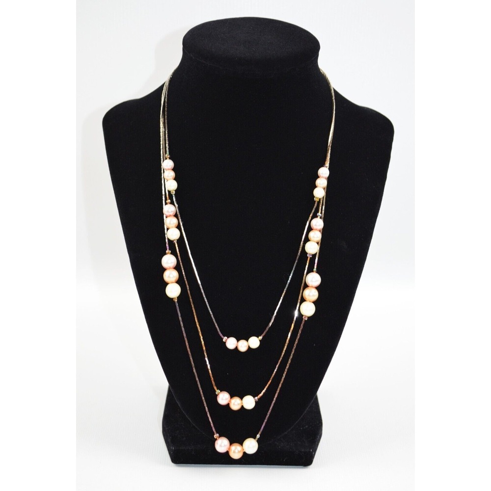 Vtg Silver Tone Triple Chain Cobra Necklace‎ w/ White Pinkish Plastic Beads 18"